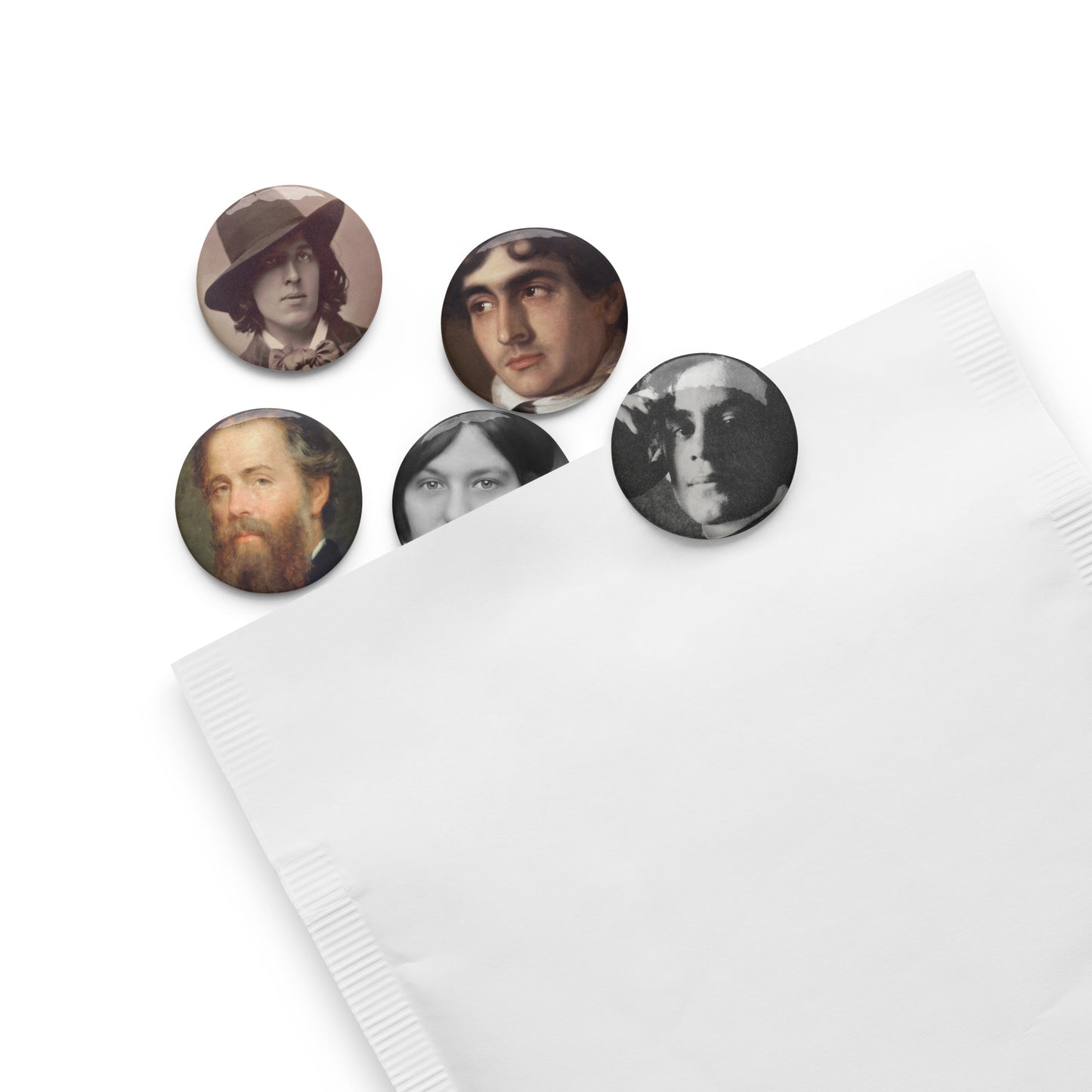Authors - Oscar Wilde, Hope Mirrlees, Herman Melville, John Polidori, Kahlil Gibran Set of pin buttons