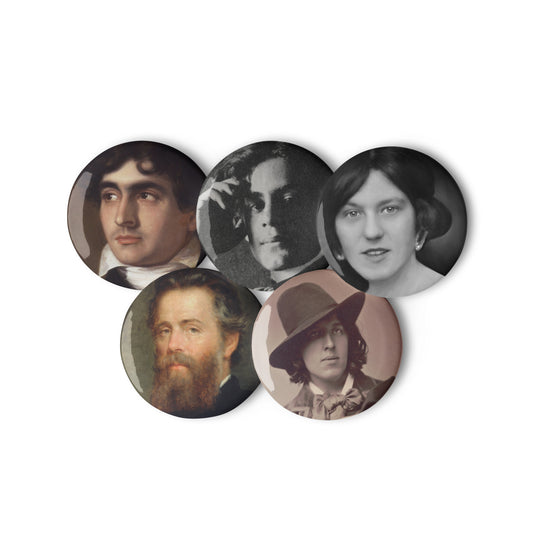 Authors - Oscar Wilde, Hope Mirrlees, Herman Melville, John Polidori, Kahlil Gibran Set of pin buttons