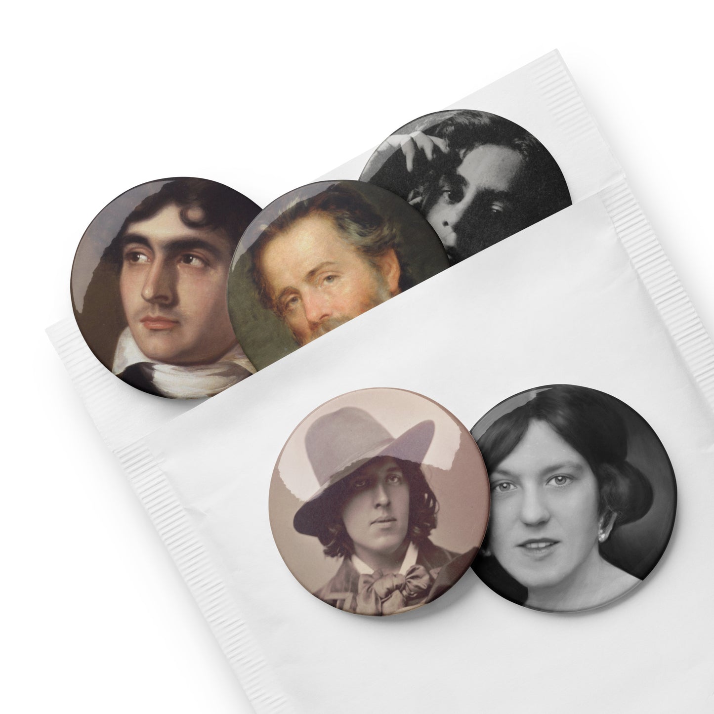 Authors - Oscar Wilde, Hope Mirrlees, Herman Melville, John Polidori, Kahlil Gibran Set of pin buttons