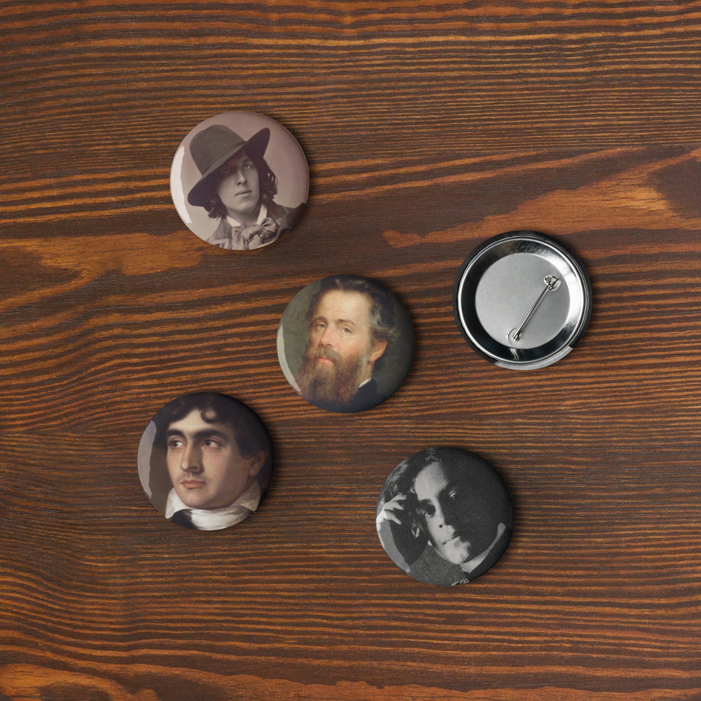 Authors - Oscar Wilde, Hope Mirrlees, Herman Melville, John Polidori, Kahlil Gibran Set of pin buttons